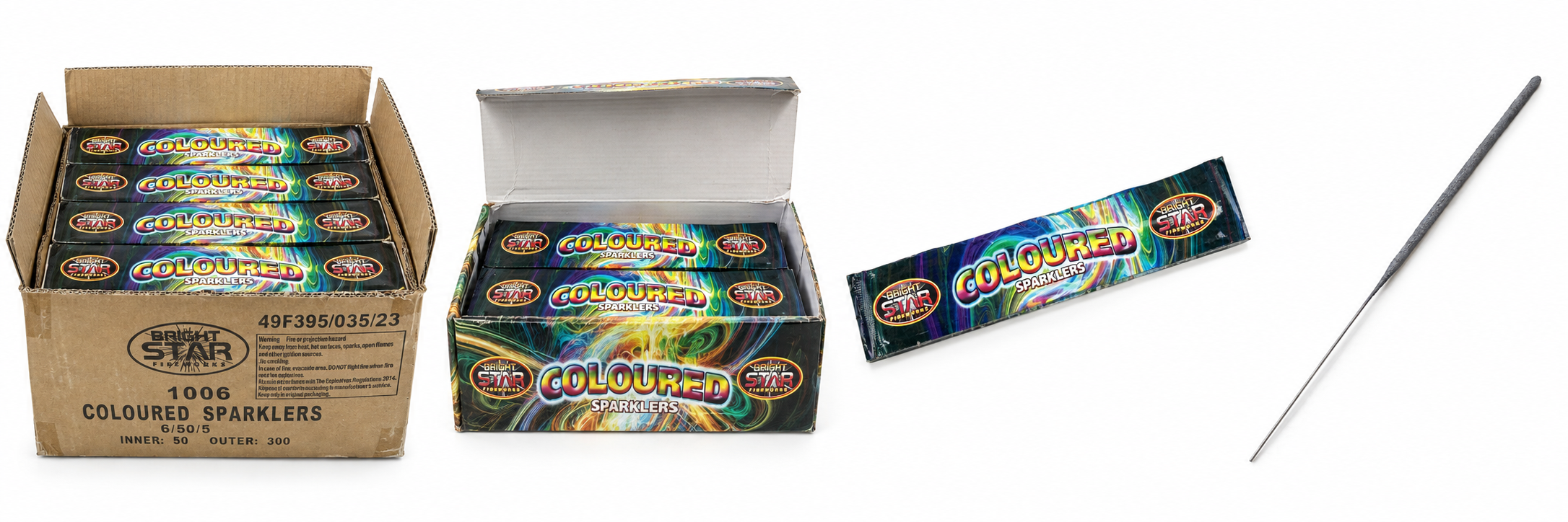 Packaging mockup, left to right: Bright Star shipping case; inner box; five-sparkler retail pack; one loose unlit sparkler.