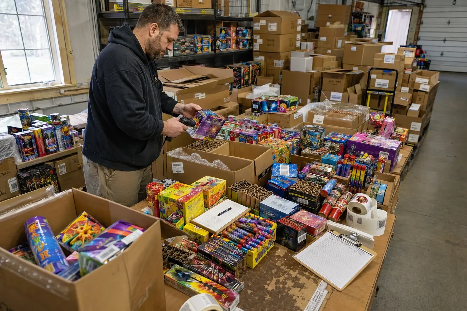 An operator sorting a vivid mix of fireworks cases, boxes and eaches