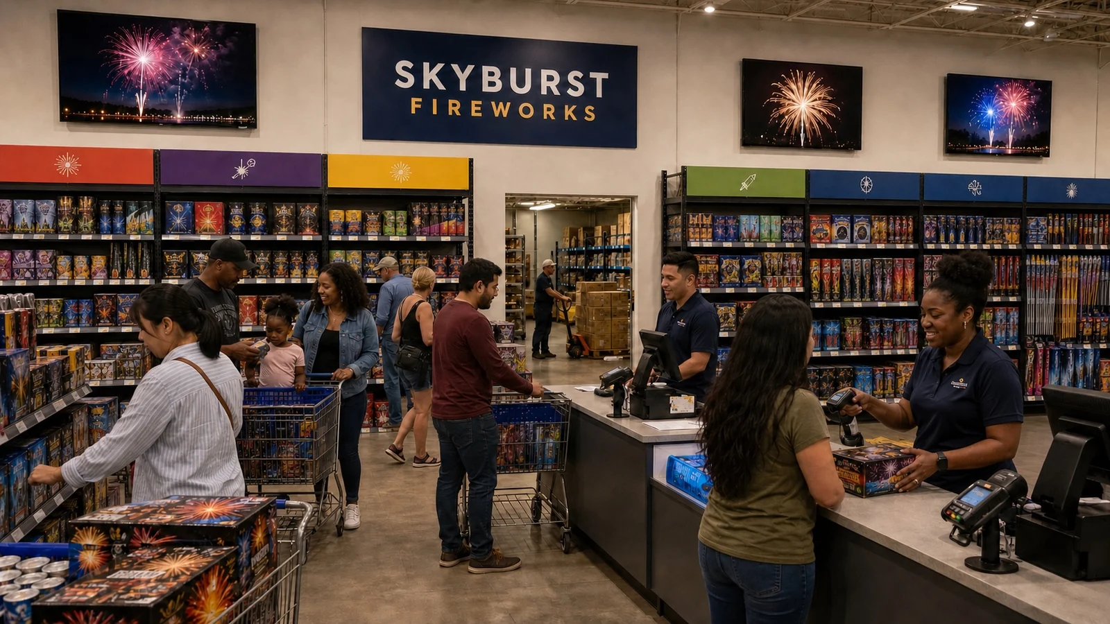 A diverse group of customers and employees in a busy Skyburst Fireworks store with varied cakes, shell kits, fountains, assortments and other fireworks across stocked aisles, active checkout lanes and an operating receiving area