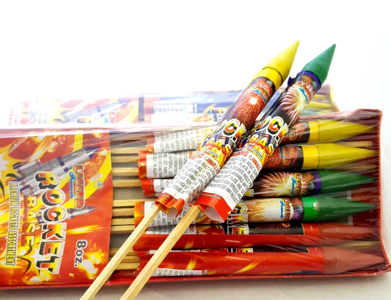 A colorful assortment of packaged fireworks products