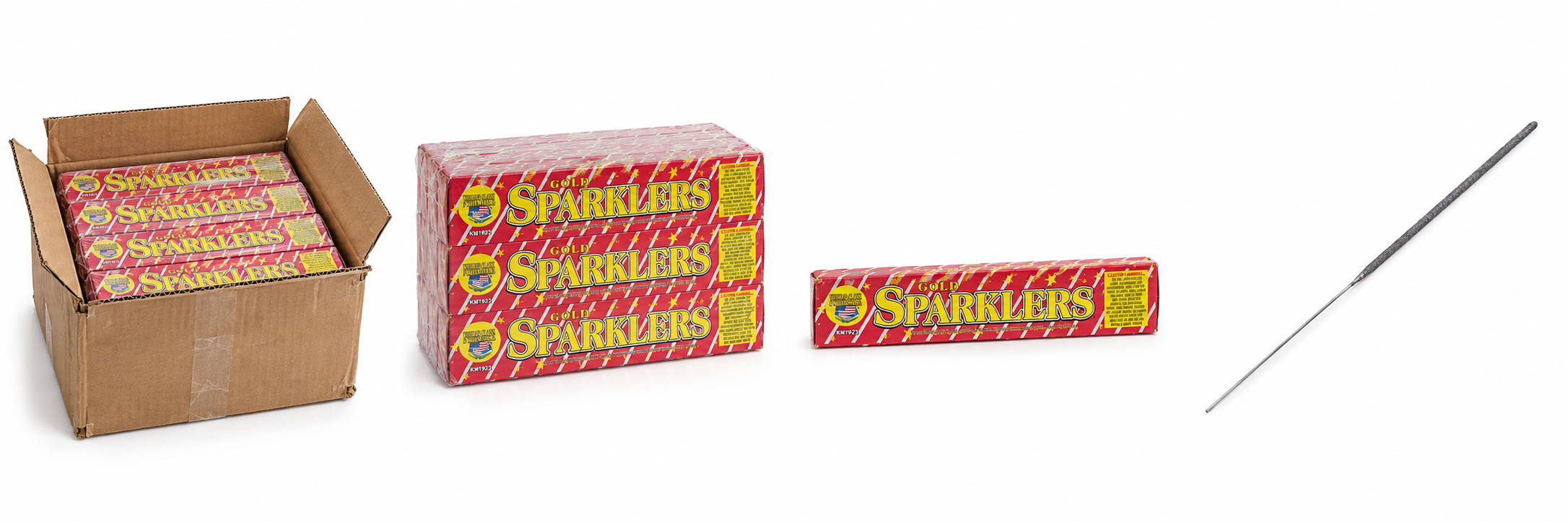 Packaging mockup, left to right: World Class shipping case; wrapped bundle of retail boxes; eight-sparkler retail pack; one loose unlit sparkler.